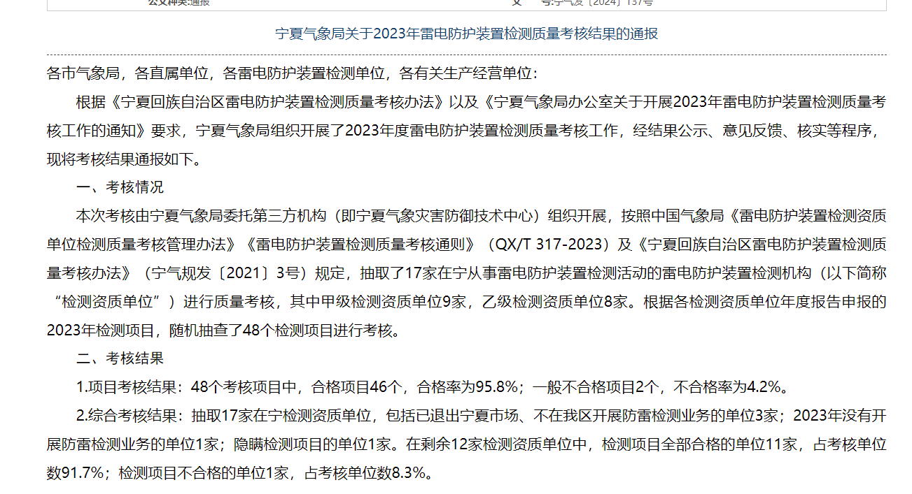 寧夏氣象局關(guān)于2023年雷電防護(hù)裝置檢測質(zhì)量考核結(jié)果的通報